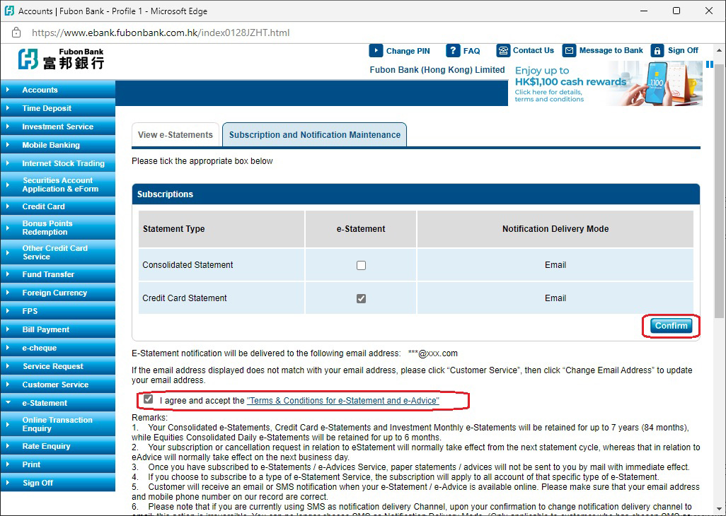 Step 4: Tick accept and confirm the Terms and Conditions for e-Statement and e-Advice then click confirm to complete the subscription image