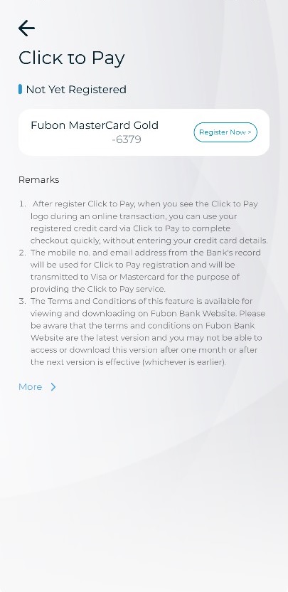 Step 2: If a credit card has not been registered for “Click to Pay”, it will be labeled as “Register Now”. Select the credit card to register in “Click to Pay” Screenshot