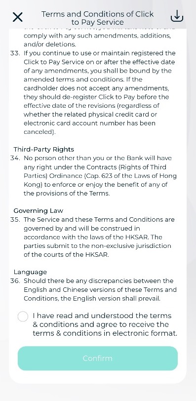 Step 3: Read and agree the Terms and Conditions and click “Confirm” Screenshot