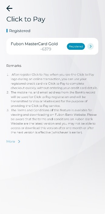 Step 7: The registered “Click to Pay” credit card will be labelled as “Registered” Screenshot