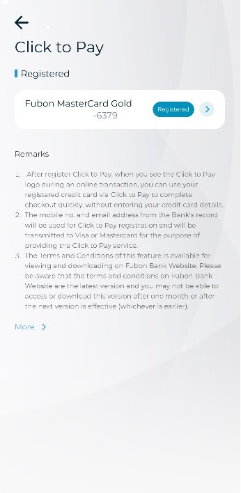 Step 2: Select the credit card to deregister from “Click to Pay”, then click the blue “>” icon next to “Registered” Screenshot