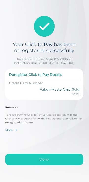 Step 5: Successful deregistration of “Click to Pay” Screenshot